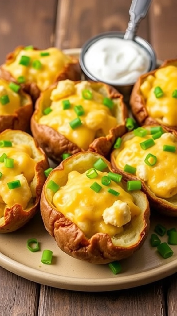 Twice Baked Potatoes Recipe for 6 Twice baked potatoes with cheese and green onions on a wooden platter.